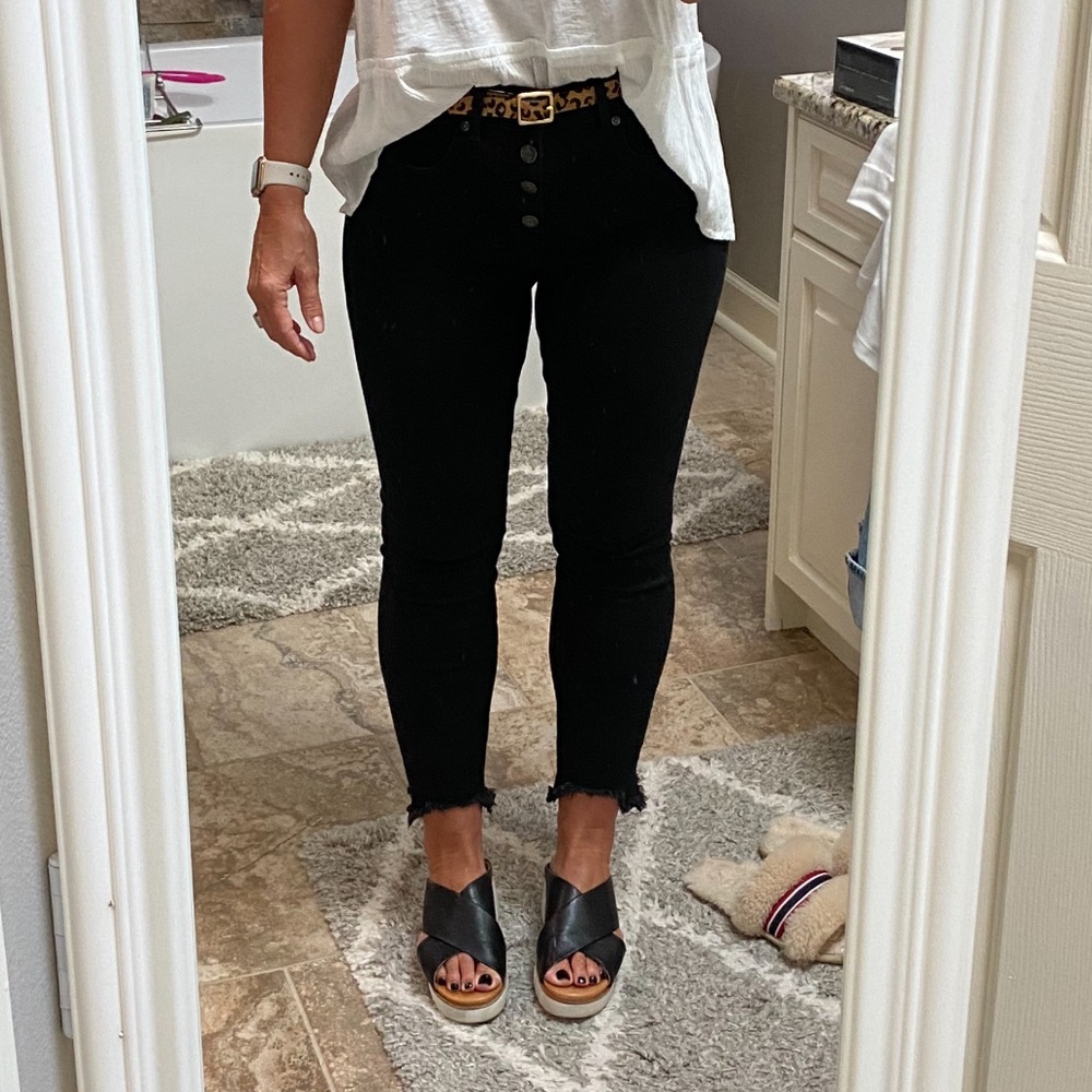 Womens Loft button fly skinny jeans, frayed bottom.